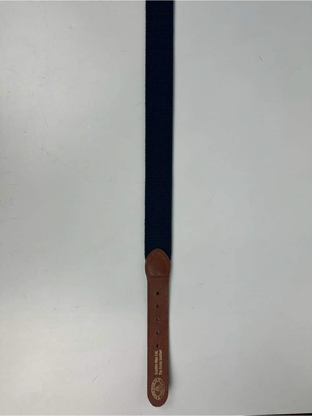 Navy Embroidered Boat Belt with Brown Leather Trim